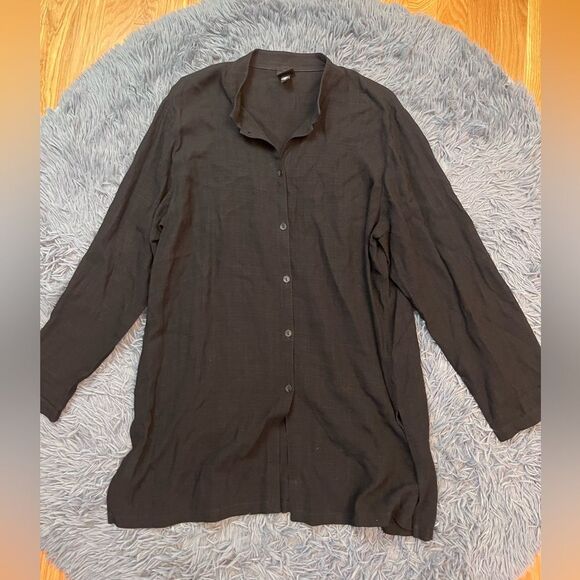 Eileen Fisher Black Long Linen Blend Shirt Size L - Picture 1 of 6